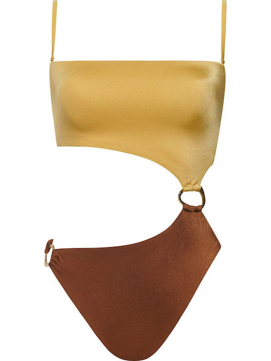 Strapless Ολόσωμο Μαγιό με Ανοίγματα Καφέ
