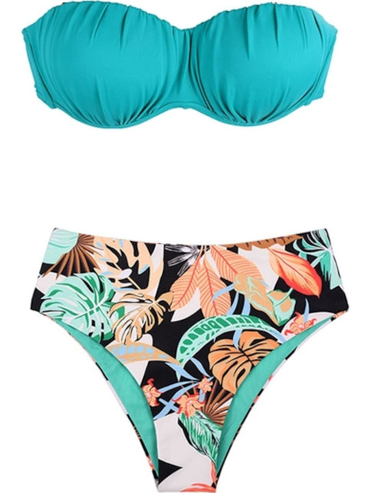 Set Bikini High Waist Floral Turquoise