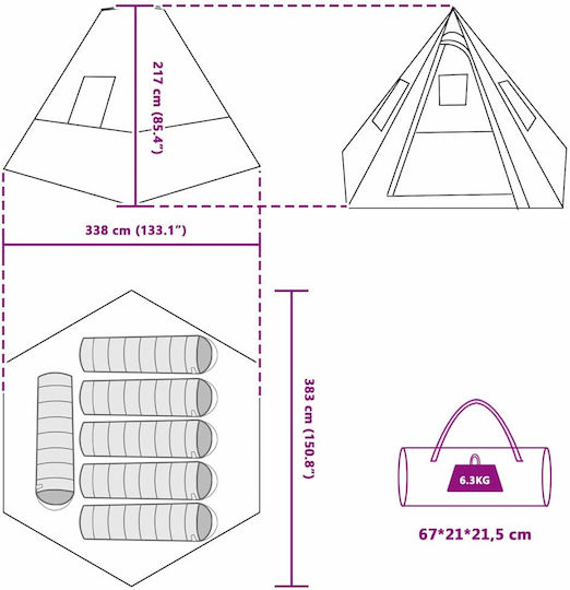 vidaXL Καλοκαιρινή Σκηνή Camping Teepee Μπλε 383x338x217εκ.