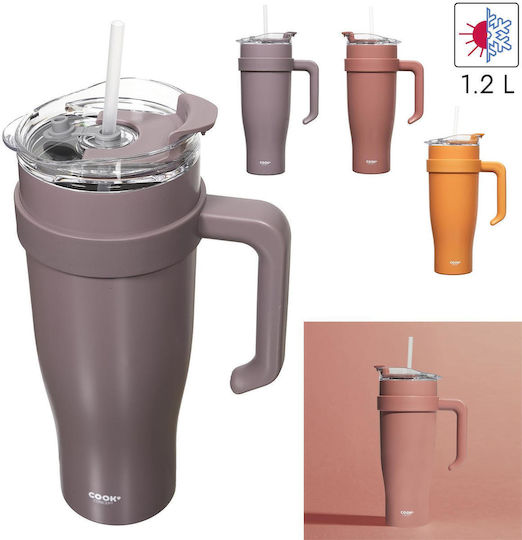 Cook Concept Handled Tumbler Θερμός Ανοξείδωτο / Πλαστικό 1.2lt Πορτοκαλί με Λαβή και Καλαμάκι