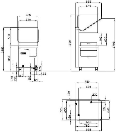 Whirlpool Echipament Profesional de Spălat Vase și Pahare ECM 532 U Trifazat L65.5xA7xÎ191.5cm cu Coș 500x500mm