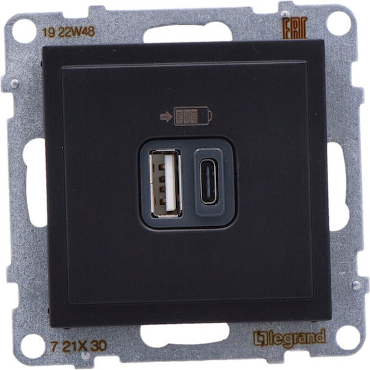 Legrand Suno Walled Power Socket with 2 USB Ports Black