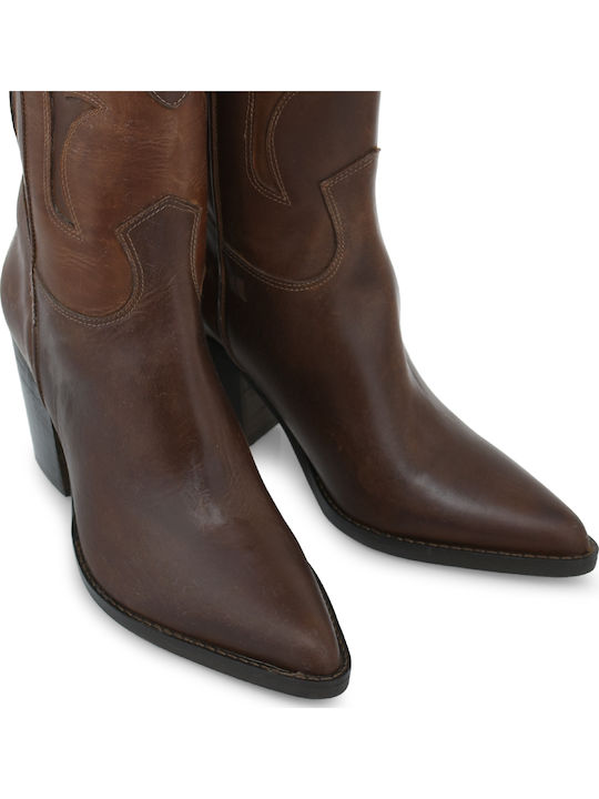 Leder Damen Cowboy-Stiefeletten mit hohem Absatz Tabac Braun