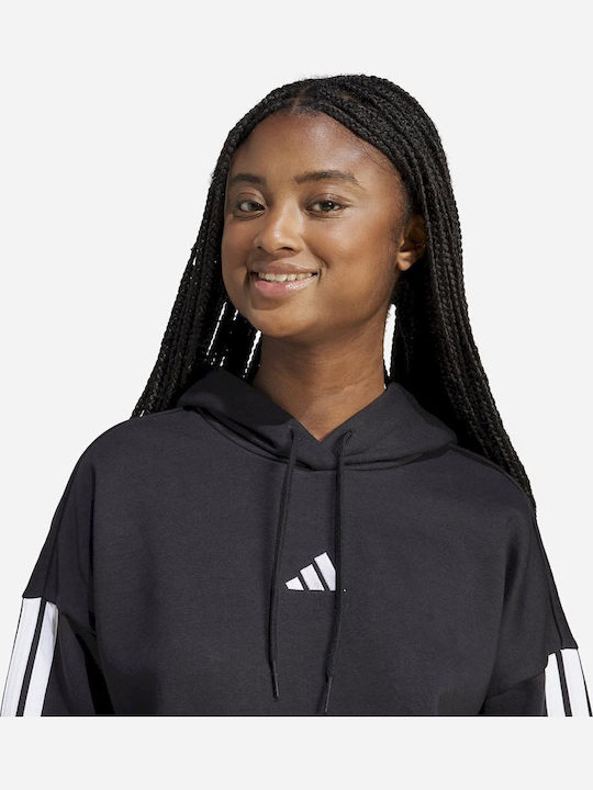 Essentials 3-stripes Γυναικείο Φούτερ με Κουκούλα Μαύρο