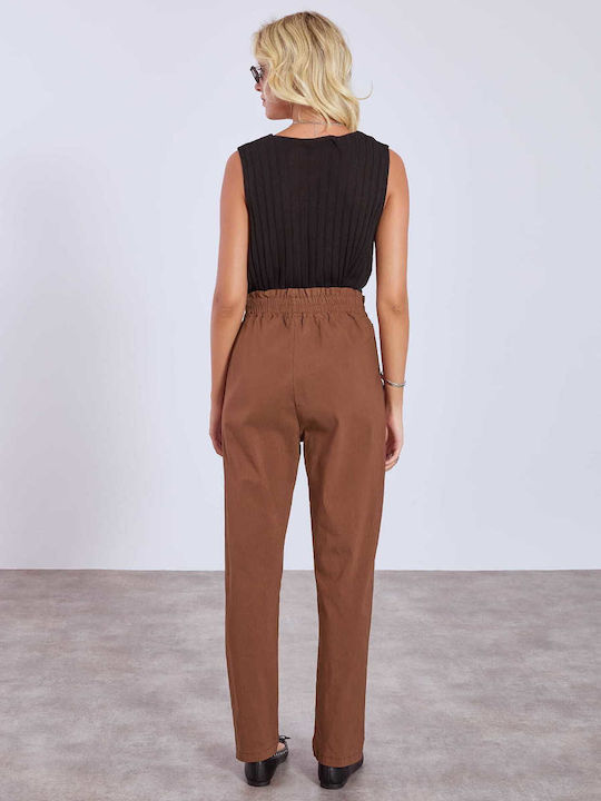 Women's High-waisted Fabric Trousers with Elastic Regular Fit Brown