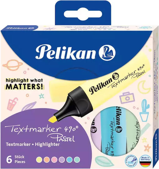 Set 6 Pelikan 490 Highlighters Pastel Colors Yellow Orange Pink Purple Blue Green
