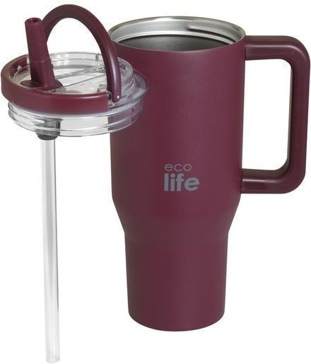 Ecolife Recyclable Handled Tumbler Thermos Stainless Steel BPA Free 900ml Lid Cranberry with Straw and Handle