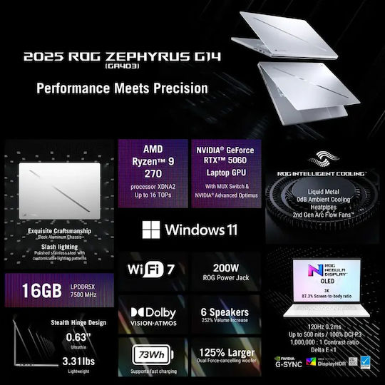 Asus ROG Zephyrus G14 GA403UM-G14.R9HX4 14" OLED 120Hz (Ryzen 9-270/16GB/1TB SSD/GeForce RTX 5060/W11 Pro) Platinum White (US Keyboard)