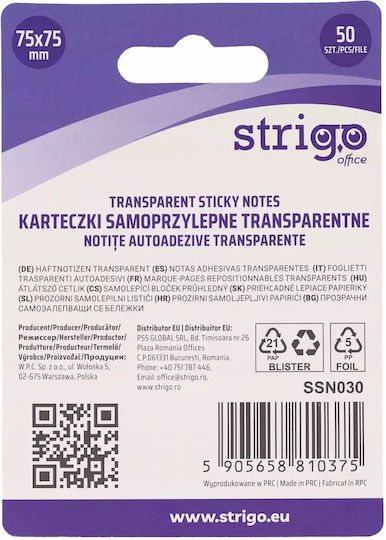 Strigo Transparent Self-Adhesive Memo Pads 75x75 50 Sheets Neon Pink