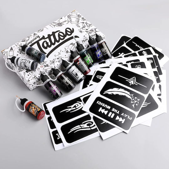 Temporary Tattoo Kit 10 Different 15ml Ink Bottles 84 Different Waterproof Easy-to-use Stencils