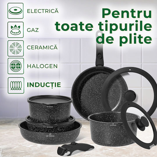 Just Perfecto Cookware Set of Cast Aluminum Black with Non-stick Interior Coating 10 Pieces