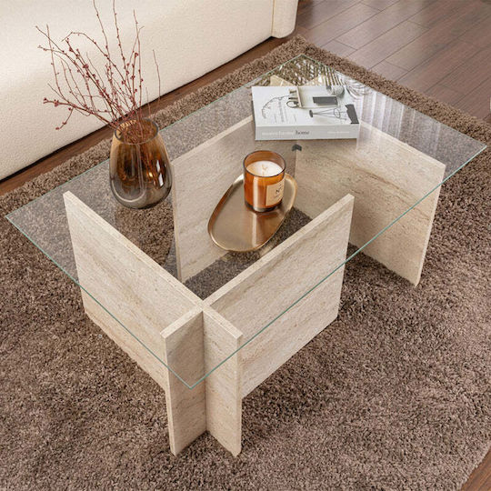 Правоъгълно Централно Кафе Масичка Vetrino Стъклена Travertine Дължина 105xШирина 65xВисочина 40см