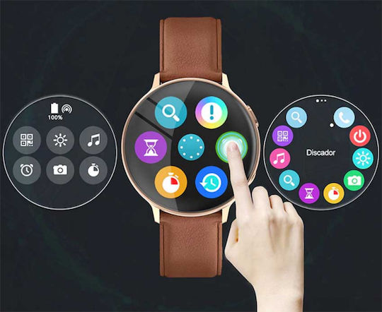 Brățară Fitness Smartwatch Futurefocus Idealstore Ecran LCD Tactil Rotund Complet de 1,3 inch Monitorizare Ritm Cardiac IP67 Tensiune Arterială Încărcare Wireless Funcție Multi-sport Compatibil Android iOS Maro