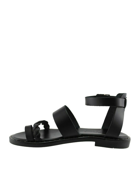 Leather Women's Flat Sandals in Black Color