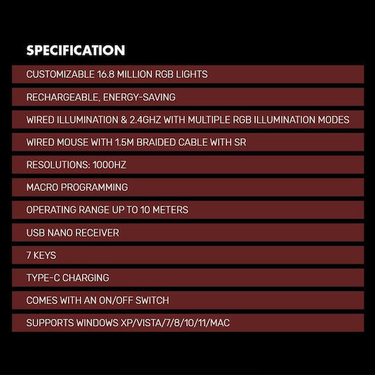 Armaggeddon Mirage VII Ασύρματο RGB Gaming Ποντίκι Μαύρο