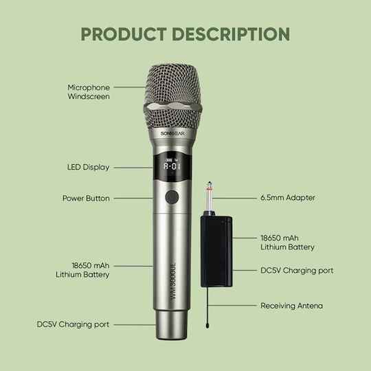Sonic Gear WM 3300 UL Σετ Ασύρματο Δυναμικό Μικρόφωνο Χειρός για Φωνητικά σε Ασημί Χρώμα