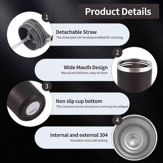 Uncle George Ποτήρι Θερμός Ανοξείδωτο / Αλουμίνιο BPA Free 900ml Επιστόμιο Καλαμάκι Μαύρο με Επιστόμιο και Καλαμάκι