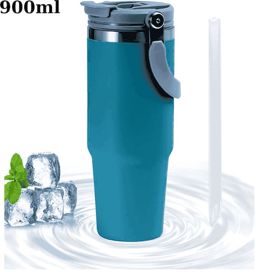 Uncle George Ποτήρι Θερμός Ανοξείδωτο / Αλουμίνιο BPA Free 900ml Επιστόμιο Καλαμάκι Μπλε με Επιστόμιο και Καλαμάκι
