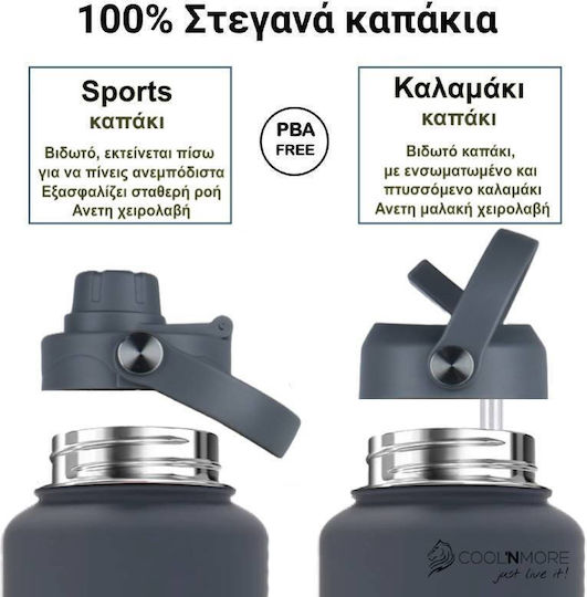 Cool'NMore Stainless Steel Thermos Bottle BPA Free 500ml Lava Grey with Straw Loop Mouthpiece and Handle