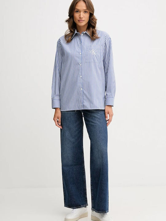 Langärmelig Damen Denim Hemd Blau Gestreift