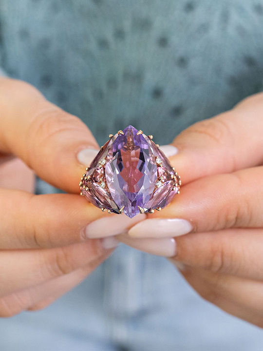 Diamond Group Γυναικείο Δαχτυλίδι Ροζ Χρυσό 18Κ
