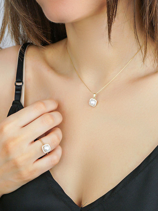 Kiriakos Gofas Set with Necklace & Ring from Gold 14K with Stones and Pearls