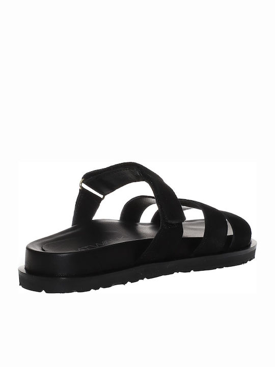 Leather Women's Flat Sandals Flatforms in Black Color