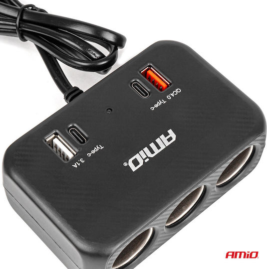 AMiO Car Charger 120W Fast Charging with Ports: 1xUSB 1xType-C 3xLighter with Cable Embedded Black Color
