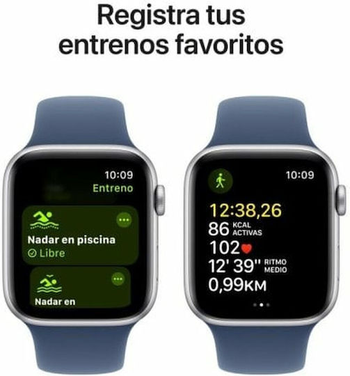 Apple Watch SE 2024 Aluminum 44mm Waterproof with Heart Rate Monitor (Silver with Denim Sport Band - M/L)
