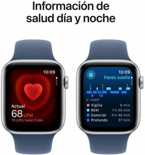 Apple Watch SE 2024 Aluminum 44mm Waterproof with Heart Rate Monitor (Silver with Denim Sport Band - M/L)
