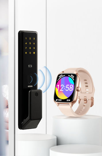 Ceas inteligent Idealstore Xiabest Bluetooth NFC Asistent vocal Urmărire GPS Moduri sportive Senzor de temperatură și oxigen Încărcare wireless Ritm cardiac Tensiune arterială Parolă Memento menstrual Curea din silicon aur roz