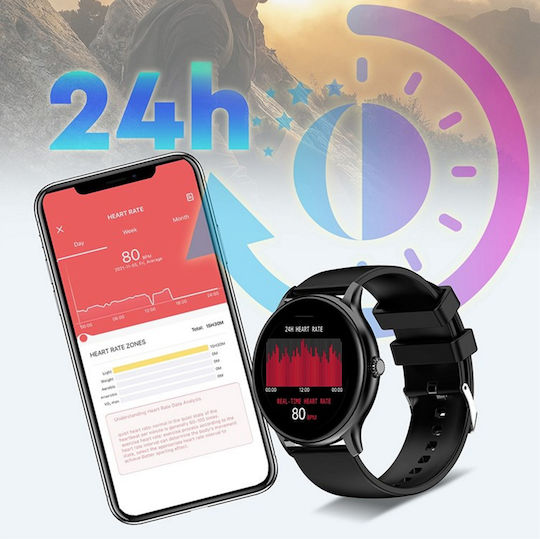Tokio Fashion Smartwatch Idealstore Runde LCD-Anzeige Ultraschlank Bluetooth-Anrufe Android-iOS Menstruationszyklusüberwachung Schritte Kalorien Blutdruck Herzfrequenz Schrittzähler Musiksteuerung Multisport GPS Langlebiger Akku Schwarz