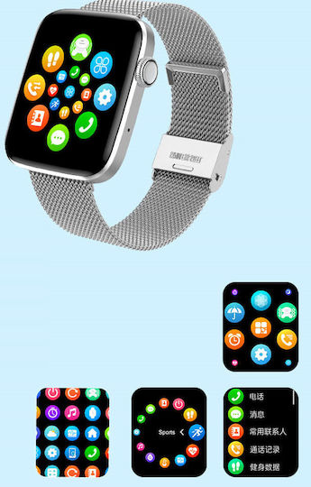 Smartwatch Idealstore Sportapple Echipat cu Difuzor Microfon Apeluri Telefonice Urmărire GPS Mod Multi-sport Senzor Ritm Cardiac Tensiune Arterială Nivel Oxigen Ecran Curbat Curea Metalică Argintie