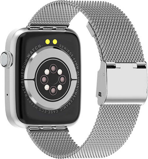 Smartwatch Idealstore Sportapple Echipat cu Difuzor Microfon Apeluri Telefonice Urmărire GPS Mod Multi-sport Senzor Ritm Cardiac Tensiune Arterială Nivel Oxigen Ecran Curbat Curea Metalică Argintie