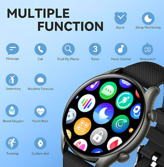 Smartwatch Tirana Fashion Idealstore Ecran Tactil Complet IPS Monitorizare Ritm Cardiac Monitorizare Tensiune Arterială Monitorizare Saturație Oxigen Somn Vreme Multi-sport Notificări Apeluri SMS Social Media IP67 Baterie de Lungă Durată Ediție Neagră