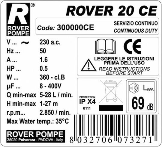 Rover Pompe Pompa de transfer monofazată cu putere 0.5hp