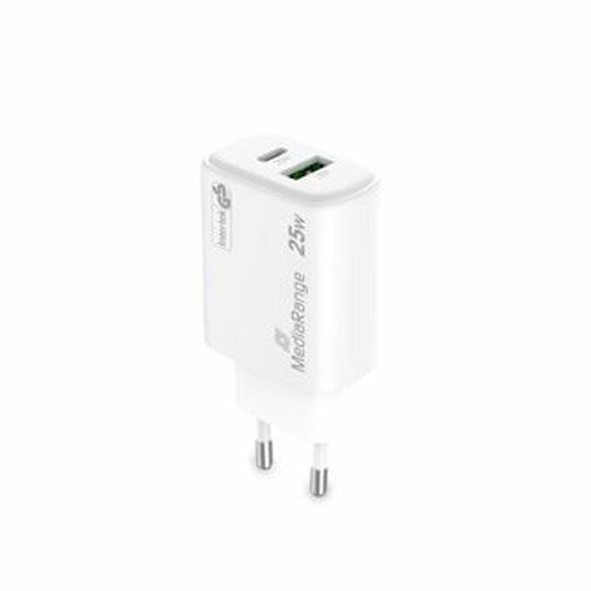 MediaRange Зарядно без кабел GaN с USB-A порт и USB-C порт 25W Power Delivery Бял (MRMA112-2)