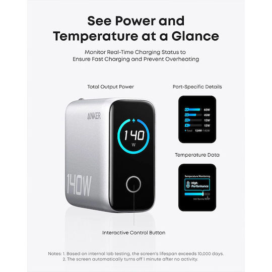 Anker Φορτιστής με Θύρα USB-A και 3 Θύρες USB-C και Καλώδιο USB-C - USB-C 140W Power Delivery Γκρι (Zolo)