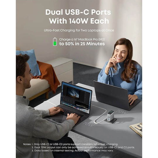 Anker Φορτιστής με Θύρα USB-A και 3 Θύρες USB-C και Καλώδιο USB-C - USB-C 140W Power Delivery Γκρι (Zolo)