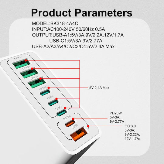 Techsuit Φορτιστής Χωρίς Καλώδιο με 4 Θύρες USB-A και 4 Θύρες USB-C 65W Power Delivery / Quick Charge 3.0 Μαύρος (CHPD224)