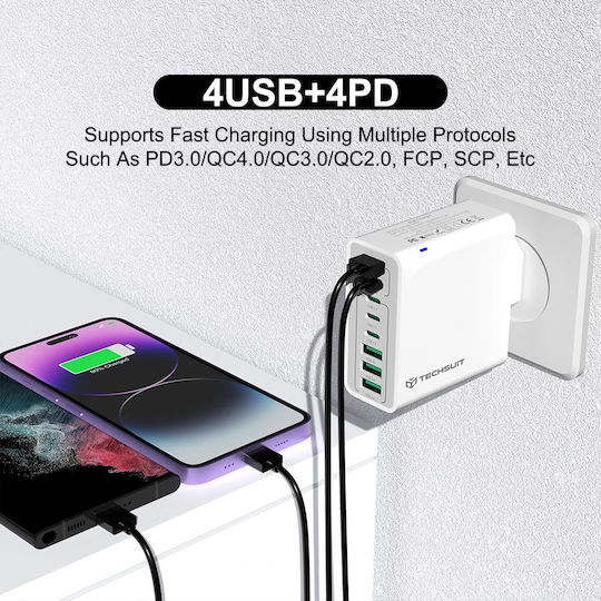 Techsuit Φορτιστής Χωρίς Καλώδιο με 4 Θύρες USB-A και 4 Θύρες USB-C 65W Power Delivery / Quick Charge 3.0 Μαύρος (CHPD224)