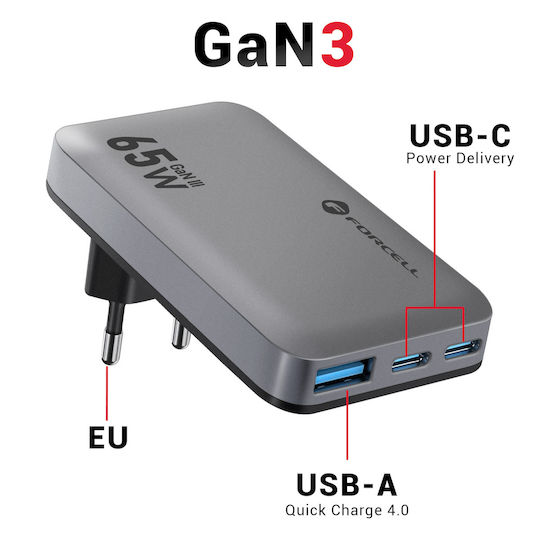 Forcell Φορτιστής Χωρίς Καλώδιο GaN με Θύρα USB-A και 2 Θύρες USB-C 65W Power Delivery / Quick Charge 4.0 Γκρι (F-Energy)