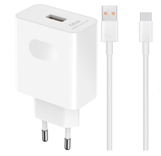 Huawei Φορτιστής με Θύρα USB-A και Καλώδιο USB-C 66W SuperCharge Λευκός (HW-110600E02)