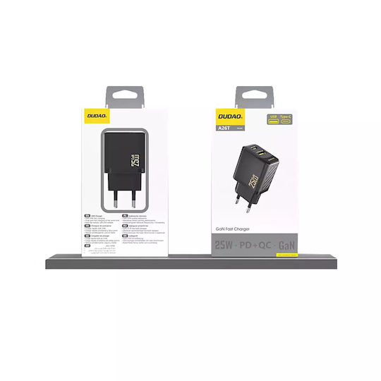 Dudao Φορτιστής Χωρίς Καλώδιο GaN με Θύρα USB-A και Θύρα USB-C 25W Power Delivery Μαύρος (A26T)