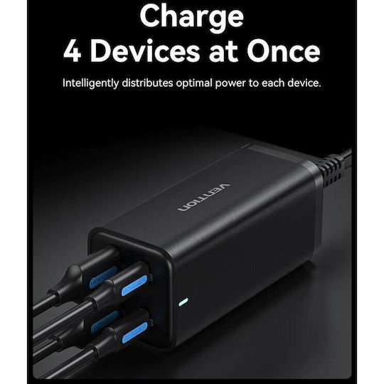 Vention Charger GaN with 2 USB-A Ports and 2 USB-C Ports and Cable USB-C - USB-C 100W Power Delivery / Quick Charge 3.0 Blacks (FBSBG-EU)