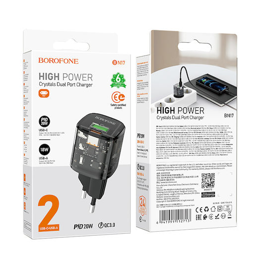 Borofone Charger Without Cable with USB-A Port and USB-C Port 20W Power Delivery / Quick Charge 3.0 Blacks (BN17 Sunlight)