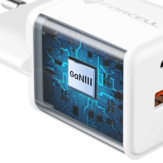 Forcell Charger Without Cable GaN with USB-A Port and USB-C Port 25W Power Delivery / Quick Charge 4.0 Whites (F-Energy Mini VT-25B)