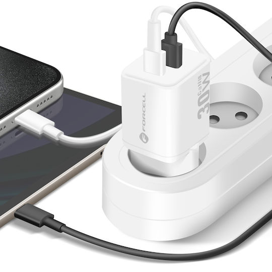 Forcell Charger Without Cable GaN with USB-A Port and USB-C Port 30W Power Delivery / Quick Charge 4.0 Whites (F-Energy Mini VT-35)