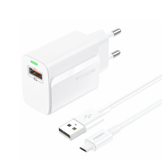 Foneng Încărcător cu Port USB-A și Cablu micro USB 18W Quick Charge 2.0 Albς (EU64)