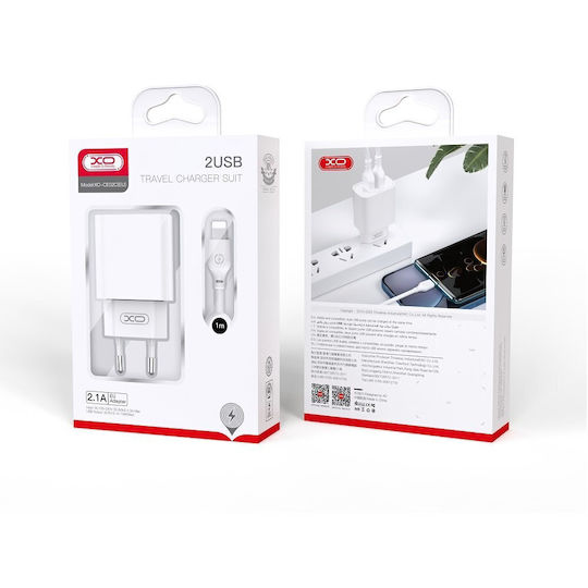 XO Charger with 2 USB-A Ports and Cable Lightning Whites (CE02C)